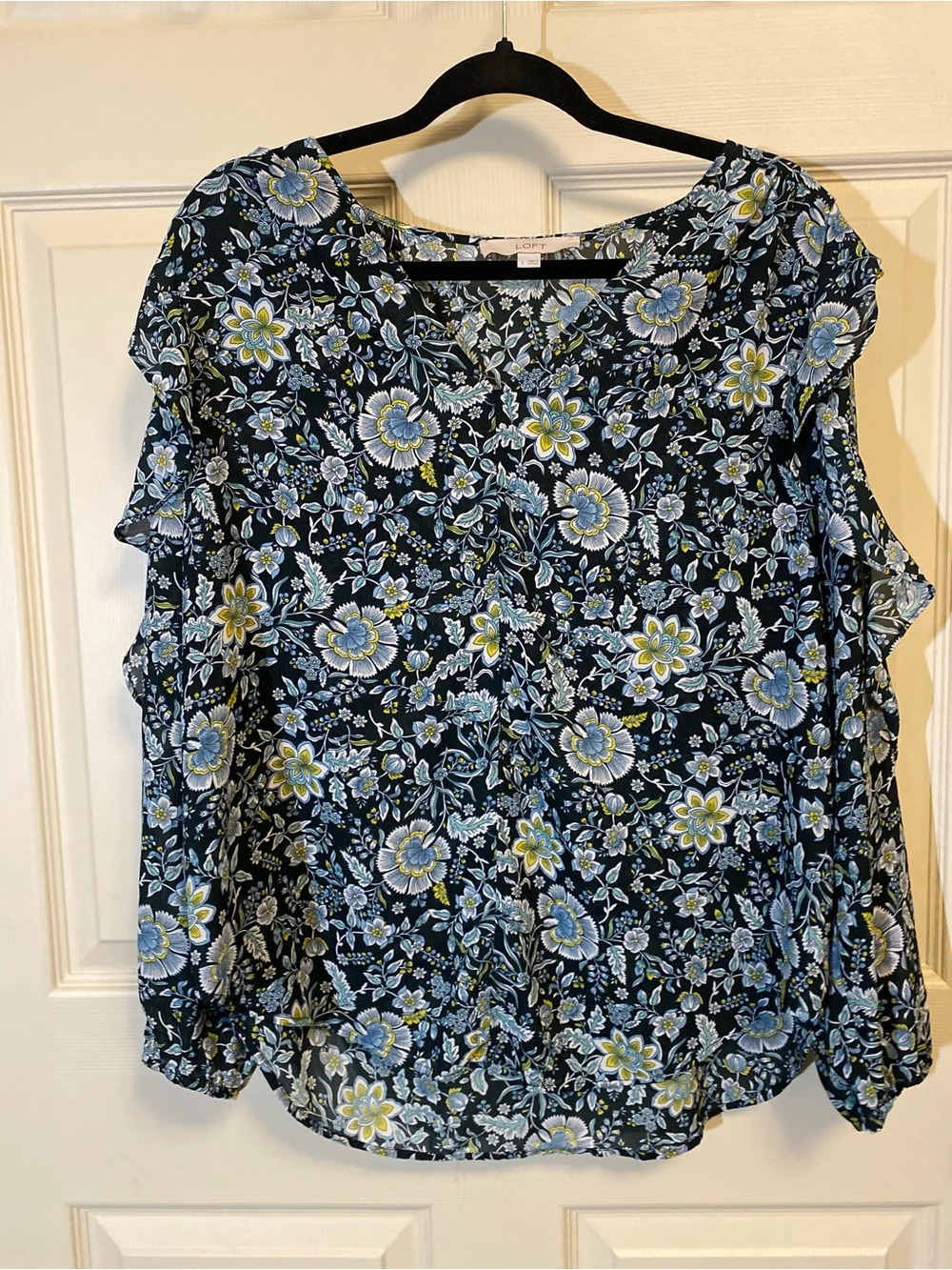 LOFT Navy Floral Cold-Shoulder Blouse with Blue and Yellow Accents